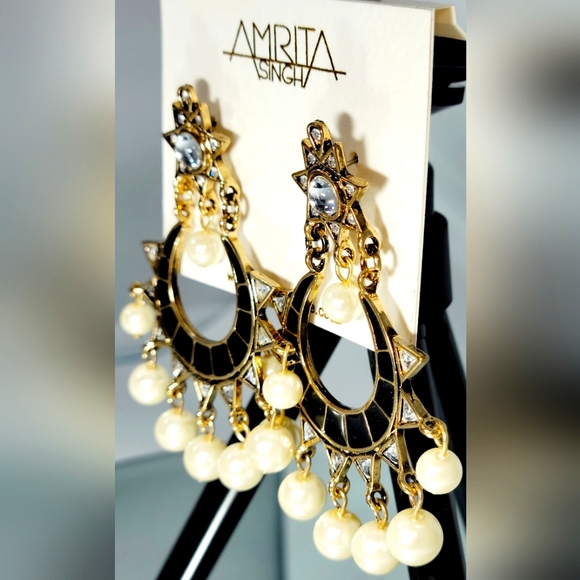 💖NEW-Amrita Singh-Dangle-Pearl-Enamel-Cabochon-Semi Circle-Drop Earrings - Picture 3 of 4